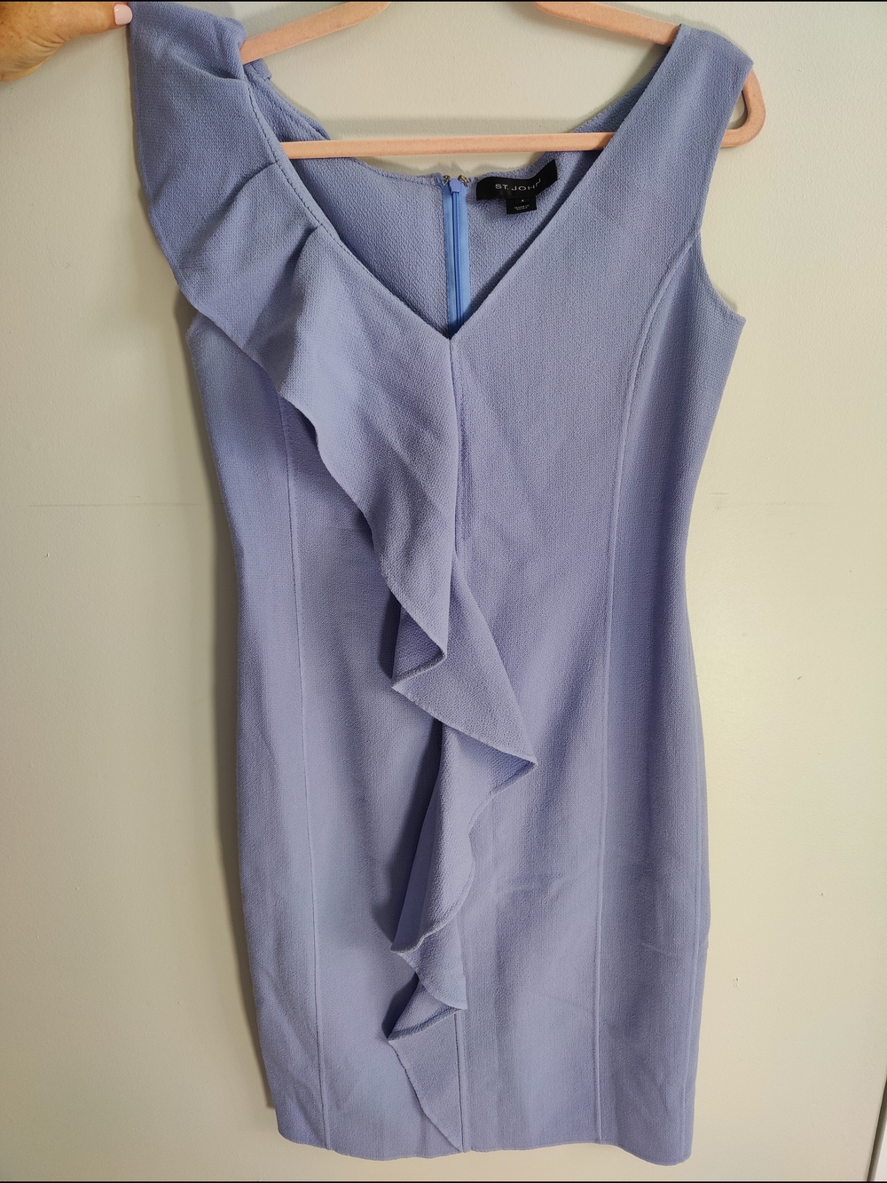St. John Periwinkle Ruffle V-Neck Sheath Dress